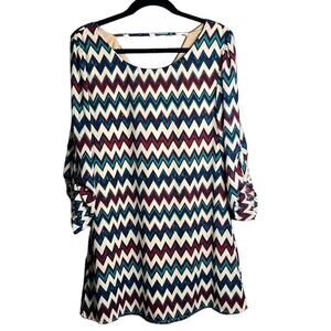 Speechless Green and Red Zigzag Print Roll Tab Sleeve Dress Size Medium